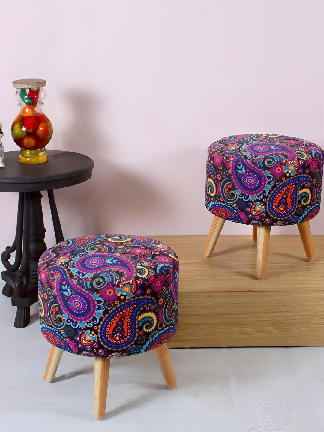 Shadowkart Purple Printed Wooden & Velvet Ottomans
