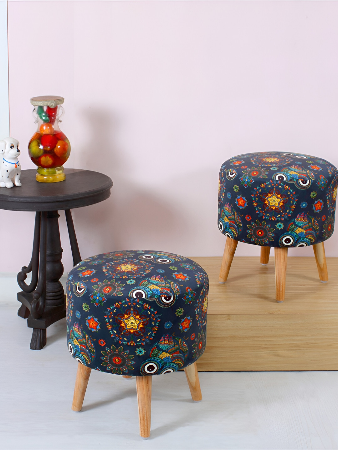 Shadowkart Blue & Orange 2 Pieces Floral Printed Wooden Pouffes Sitting Mudda Ottomans