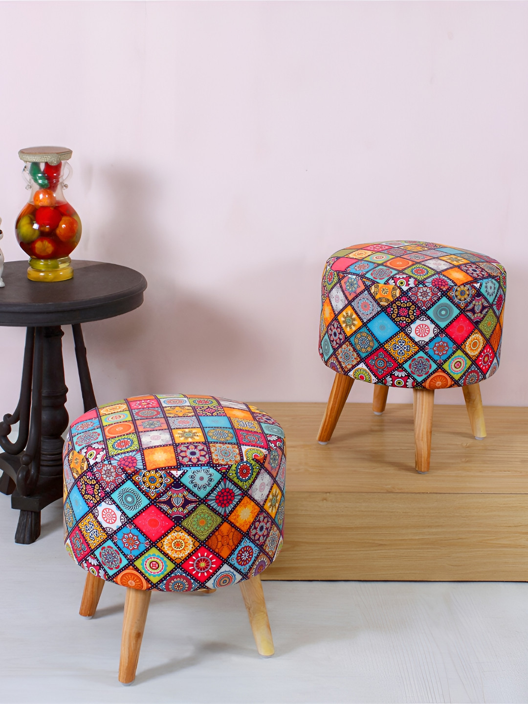 Shadowkart Blue & Orange 2 Pieces Ethnic Motifs Printed Cylindrical Velvet Ottomans
