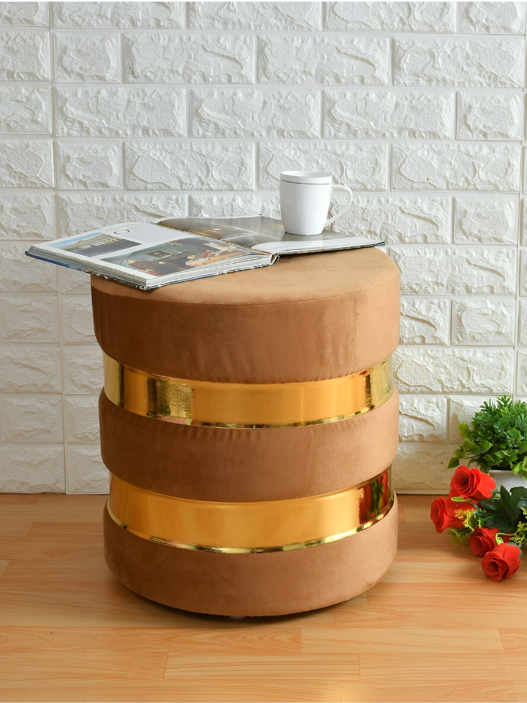 Shadowkart Beige Wooden & Velvet Ottoman Pouffe Stool