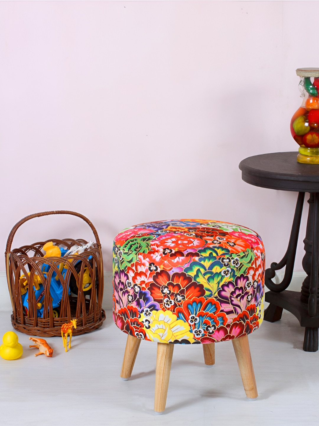 Shadowkart Floral Printed Wooden & Velvet Ottoman Pouffe Stool