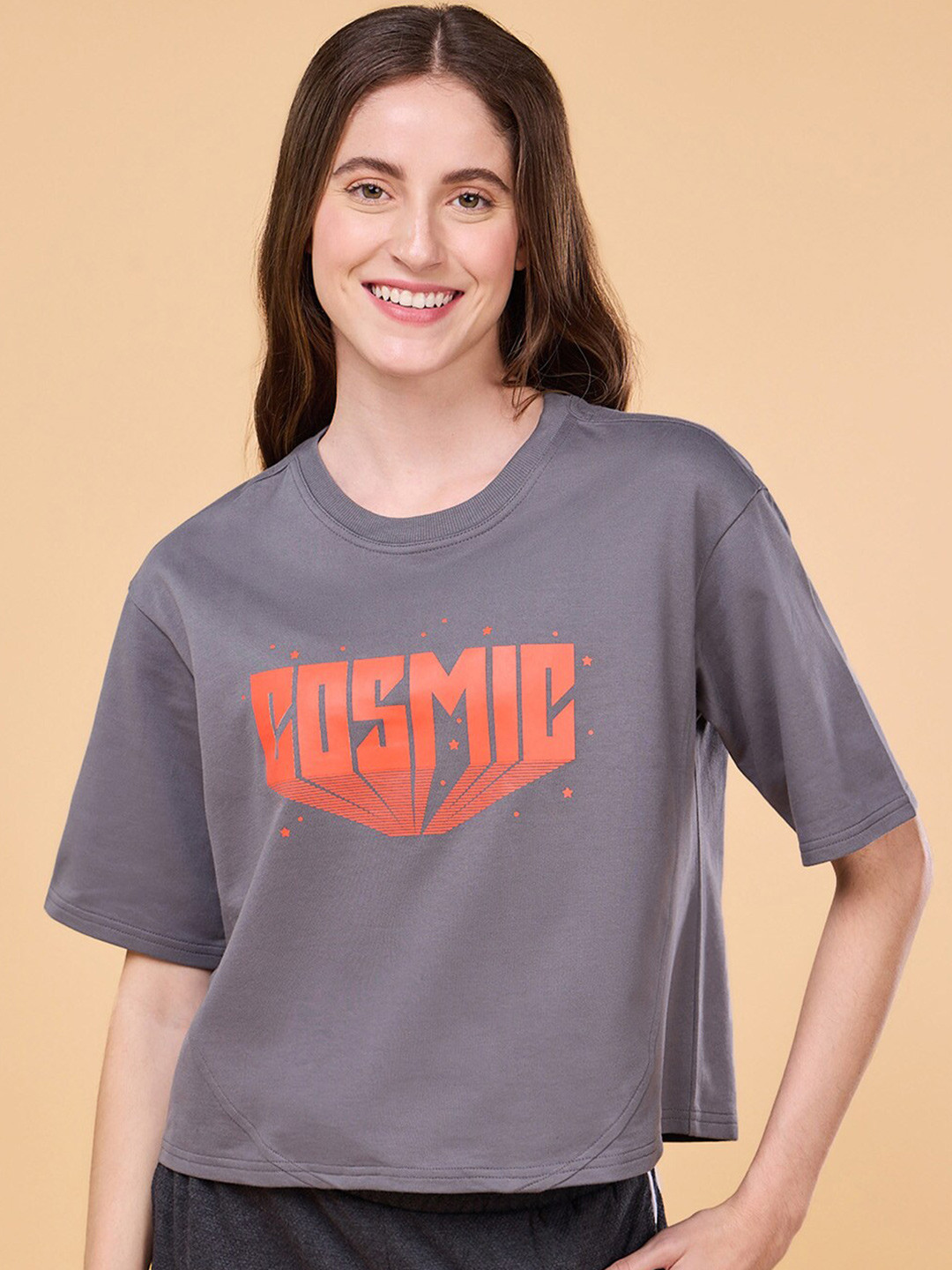 Enamor Typographic Printed Drop-Shoulder Sleeves Cotton Boxy Crop T-Shirts