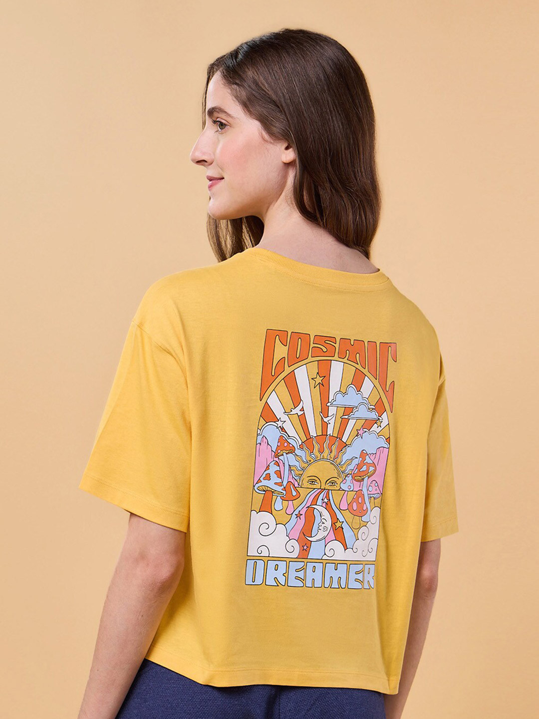 Enamor Graphic Printed Drop-Shoulder Sleeves Cotton Crop Boxy Lounge T-shirt