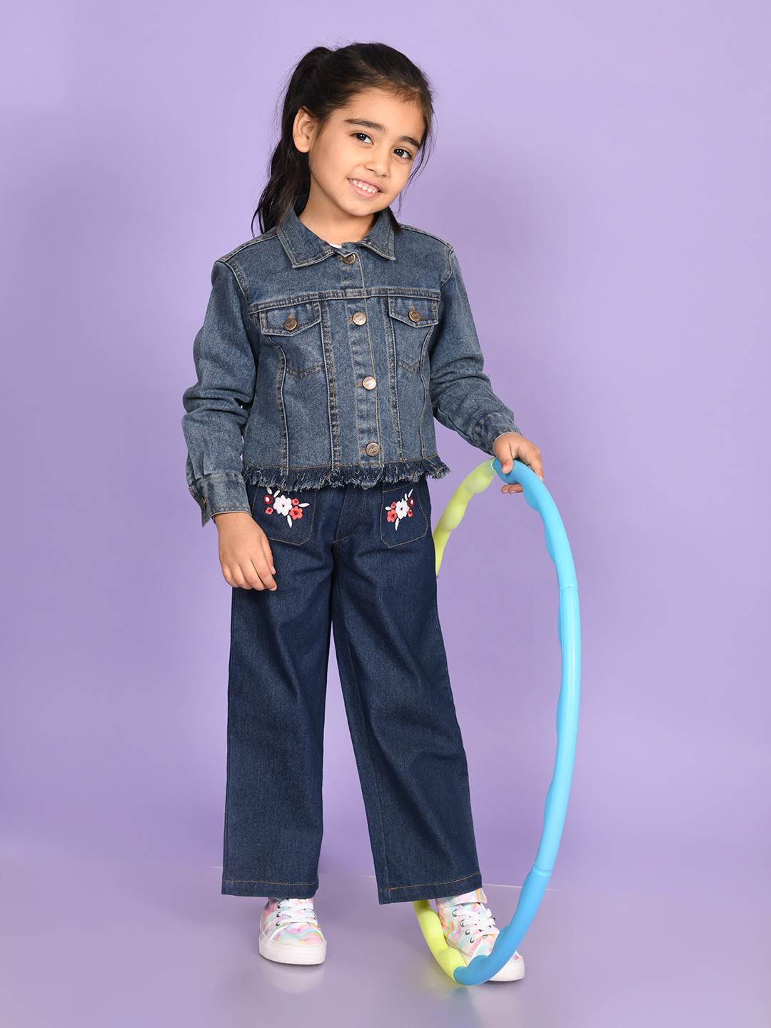 Superminis Girls Spread Collar Washed Frayed Hem Denim Jacket