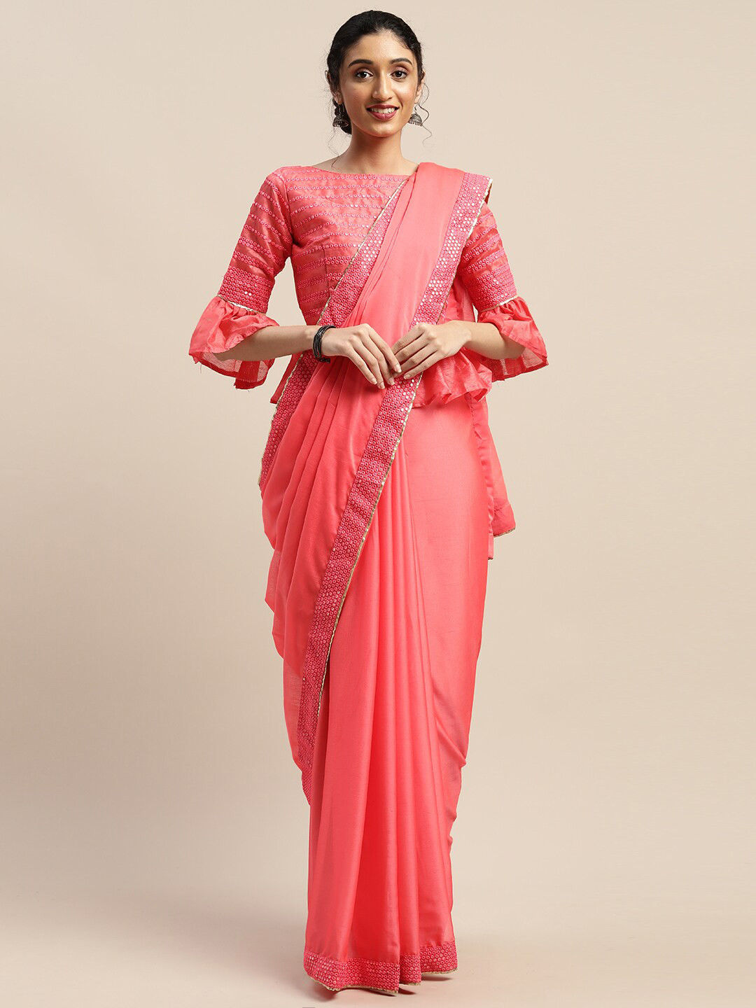 Mitera Striped Embellished Mirror Work Saree