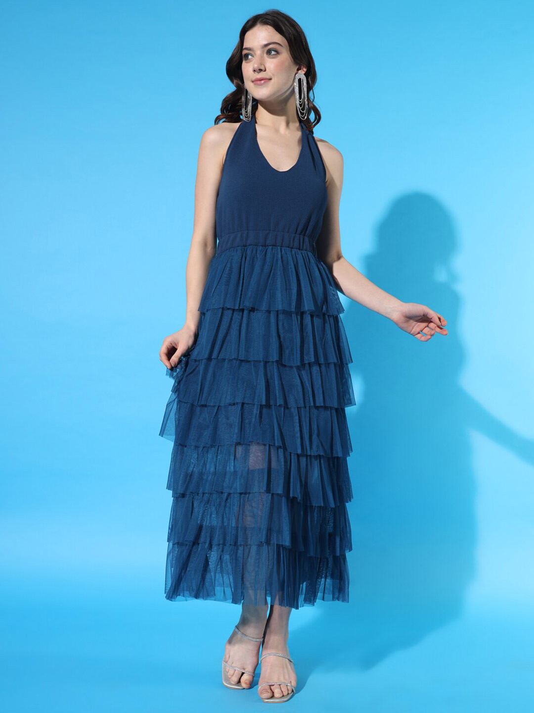 BROOWL  V-Neck Layered Fit & Flare Midi Dress