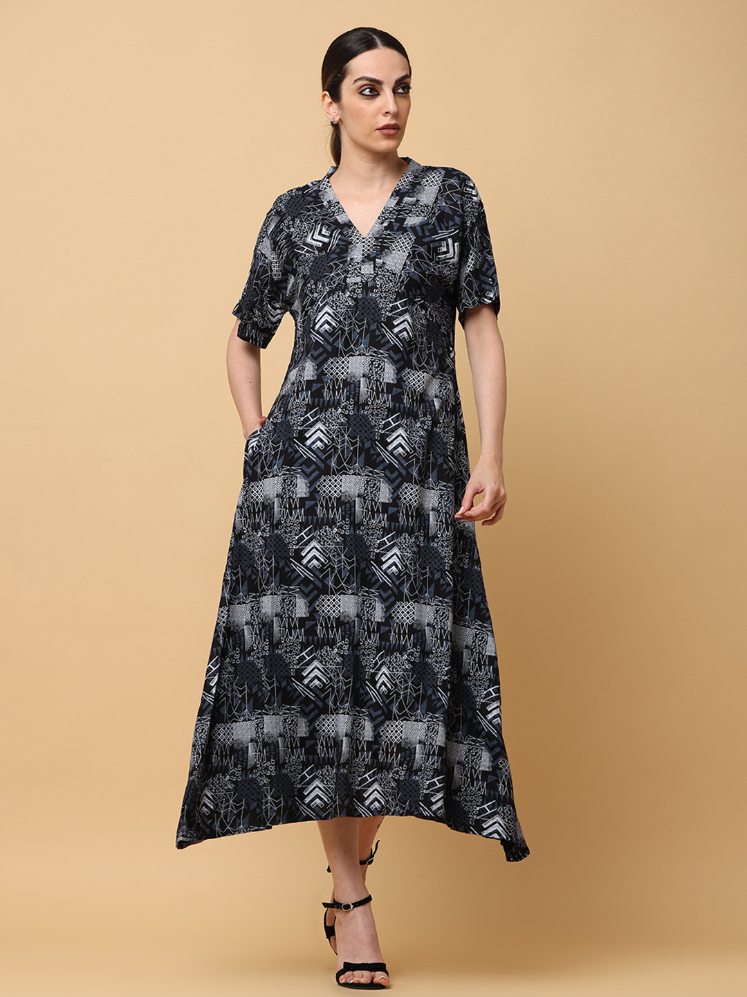 BLACK & BLAH BLAH Relaxed Fit Abstract Printed A-Line Liva Midi Dress