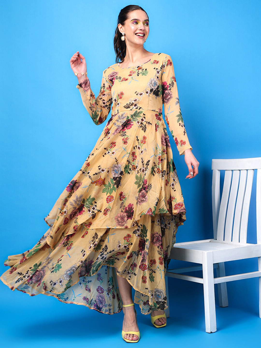 SCORPIUS Floral Print Chiffon Maxi Dress