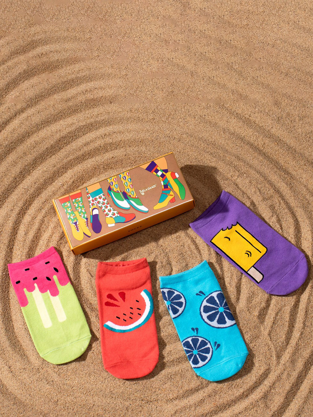 Thela Gaadi Unisex Pack Of 4 Summer Vibes Patterned Low-Cut Ankle-Length Socks