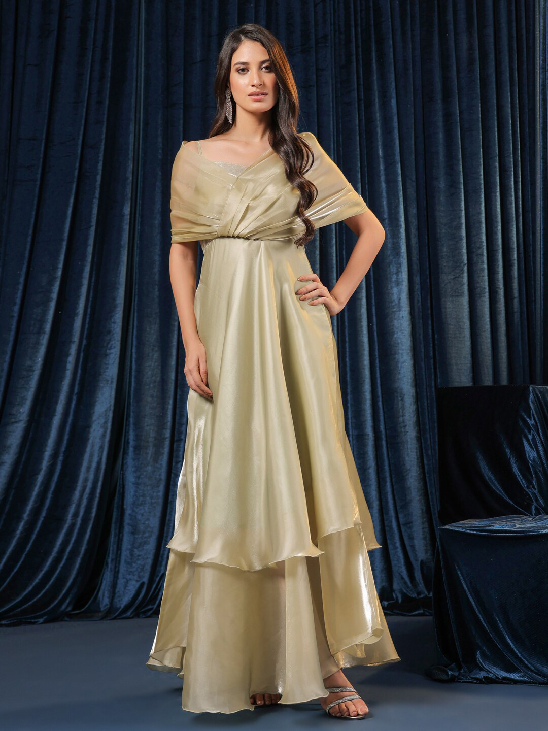 B'Infinite V-Neck Gathered or Pleated Maxi Dress