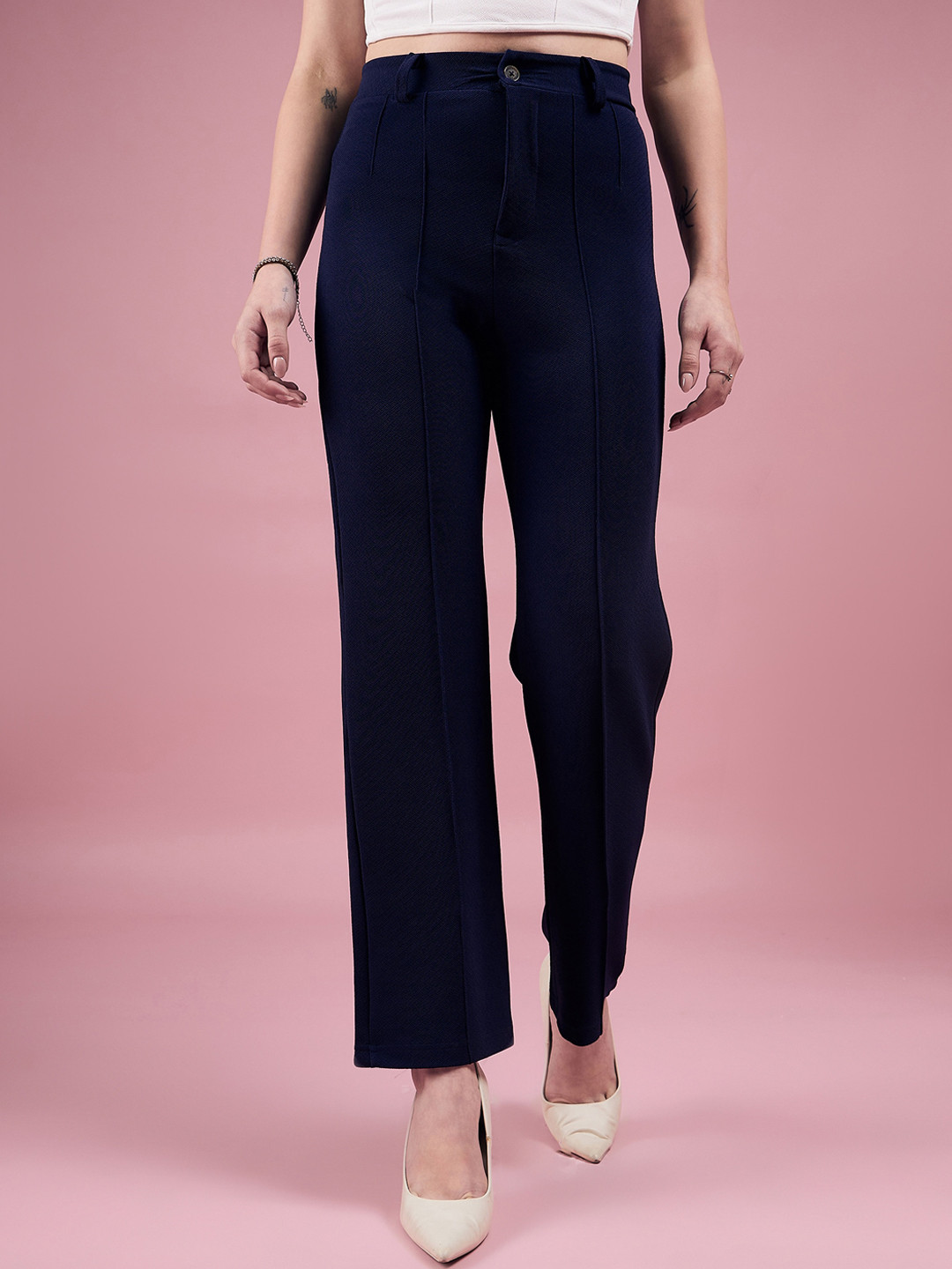 DressBerry Navy Blue Women Relaxed Straight Fit High-Rise Easy Wash Parallel Trousers