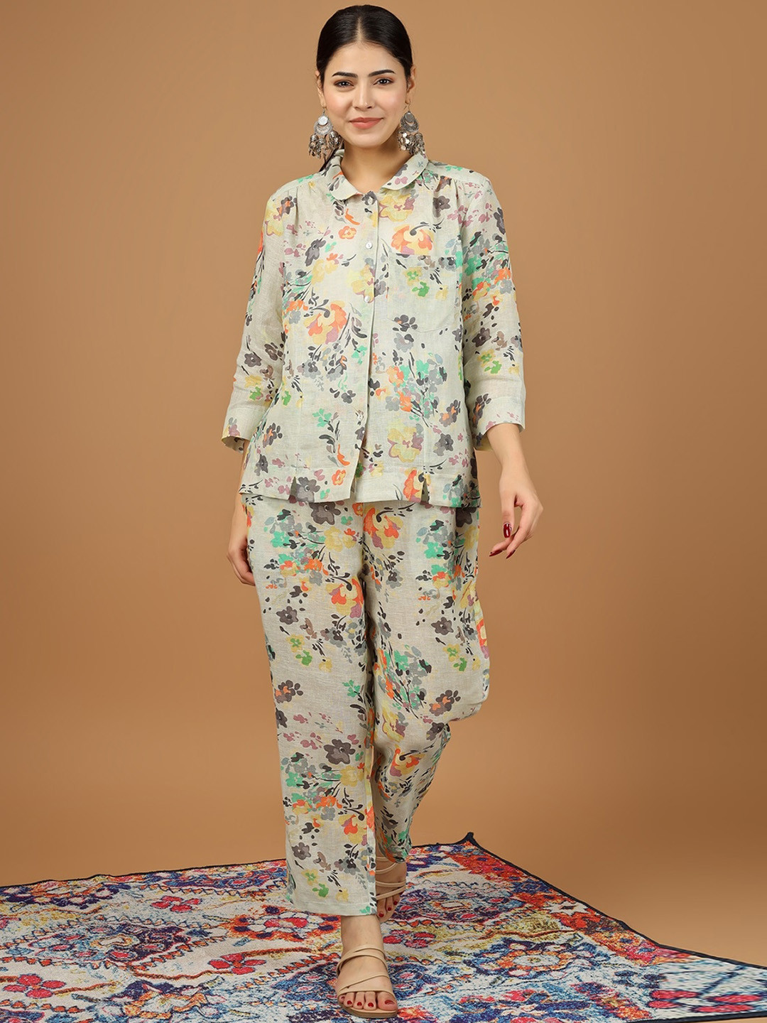 HUE & HIDE Printed Linen Shirt With Trousers Co-Ords