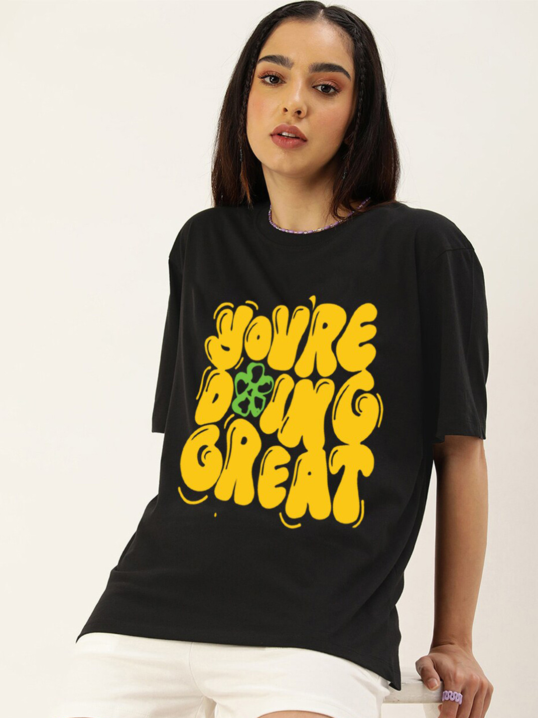 JUNEBERRY Typography Printed Drop-Shoulder Oversized Pure Cotton T-shirt