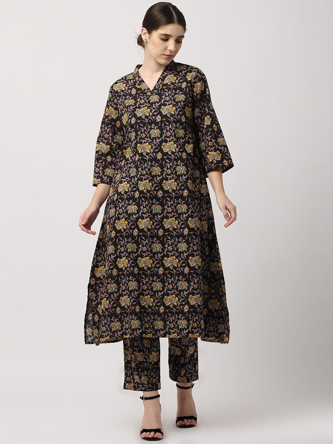 BLACK & BLAH BLAH Relaxed Fit Printed A-Line Pure Cotton Monochrome Kurta and Trouser