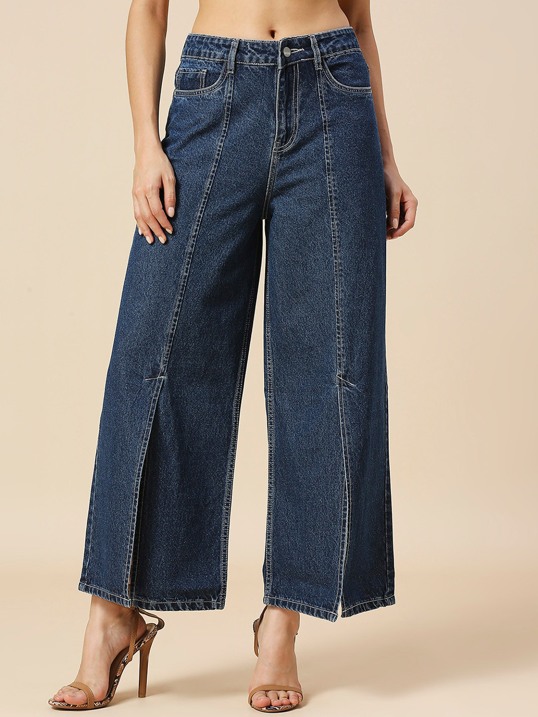 HJ HASASI Women Comfort Wide Leg High-Rise Front Slit Jeans