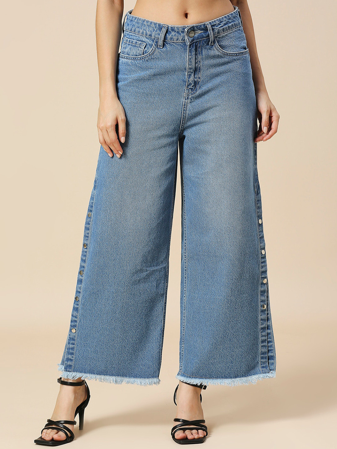 HJ HASASI Women Wide Leg Slit High-Rise Light Fade Jeans