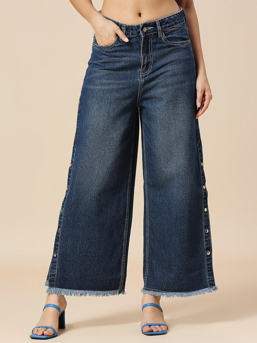HJ HASASI Women Wide Leg High-Rise Slits Light Fade Jeans