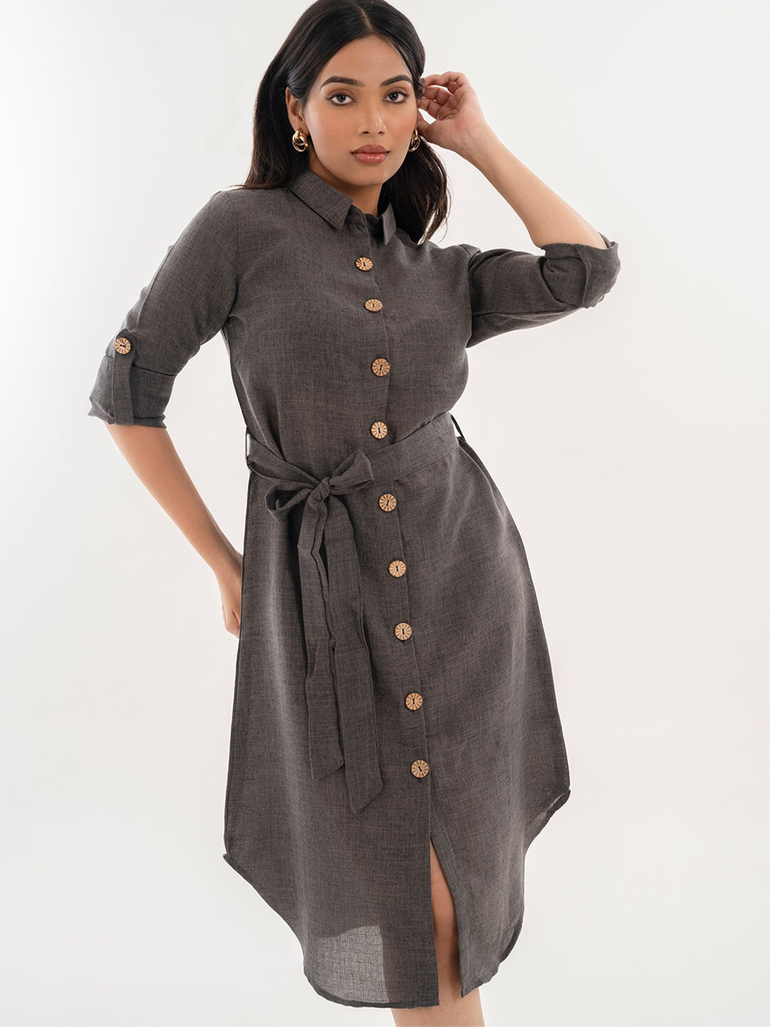 Halff Grey Belted Linen Shirt Dress