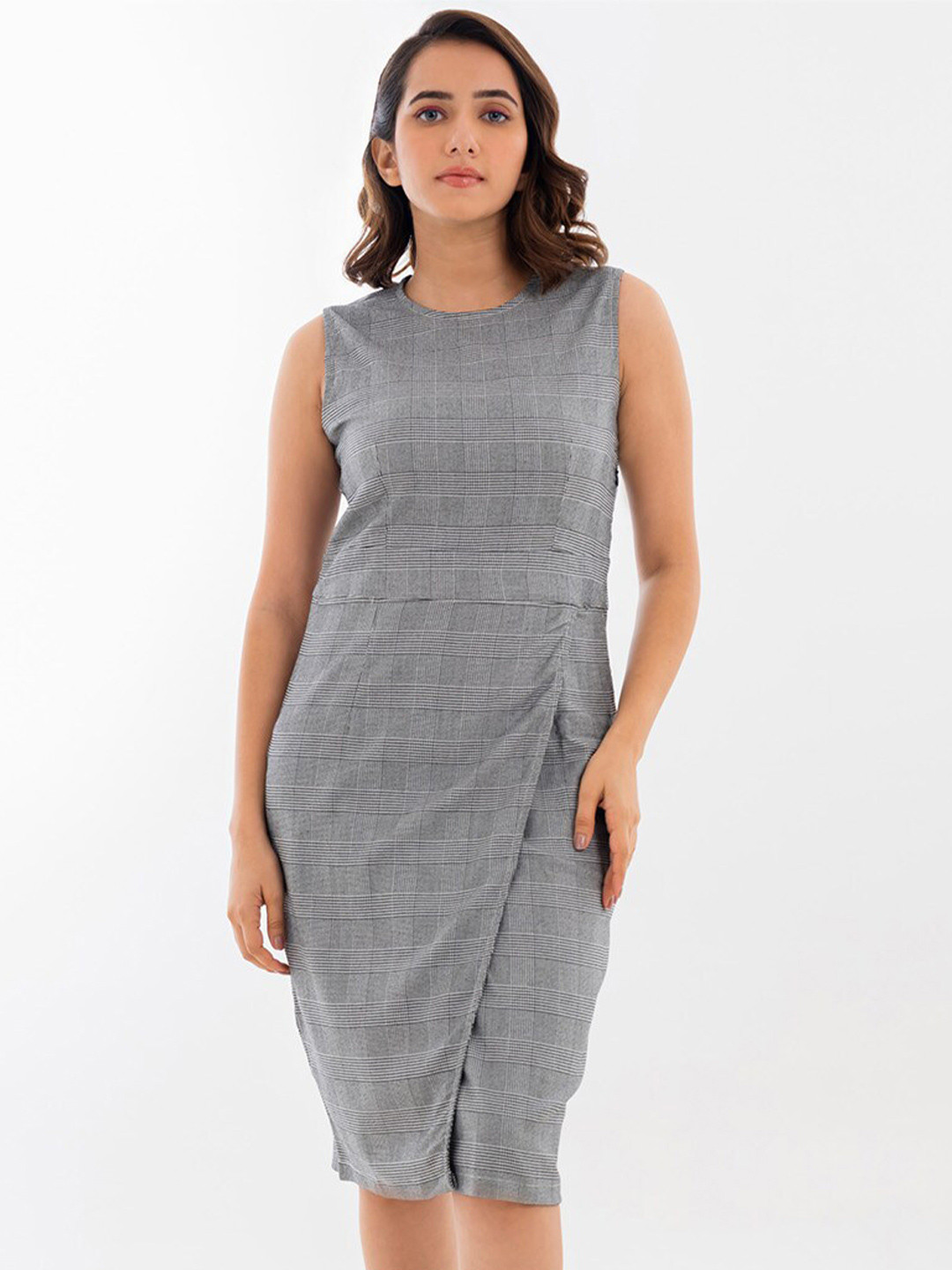 Halff Grey Checked Round Neck Sheath Dress