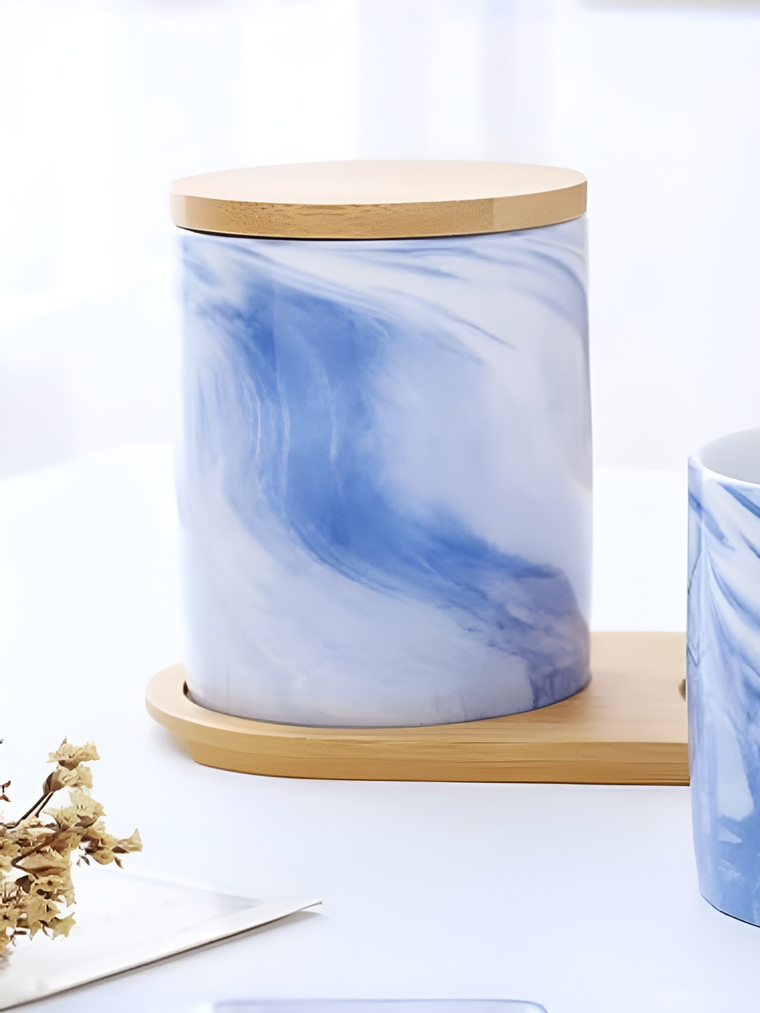 The Better Home Blue Marble Ceramic Air Tight Flip Top Jar-400ml