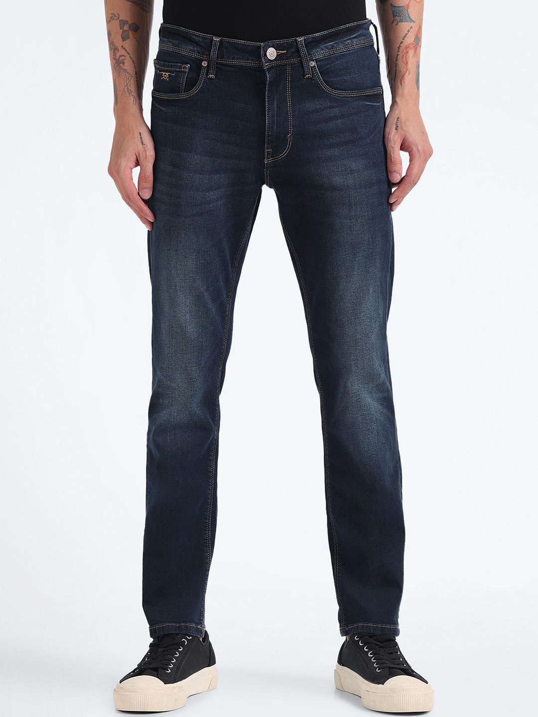 Flying Machine Men Tapered Fit Heavy Fade Stone Wash Stretchable Jeans