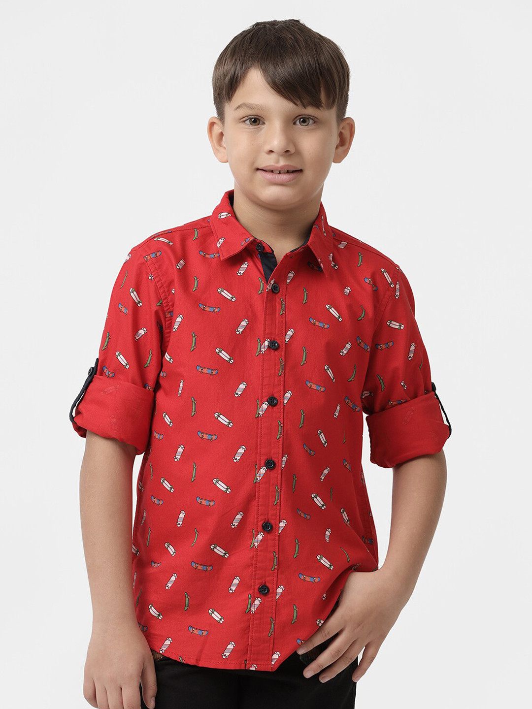 KATE & OSCAR Boys Smart Conversational Printed Roll-Up Sleeves Cotton Casual Shirt