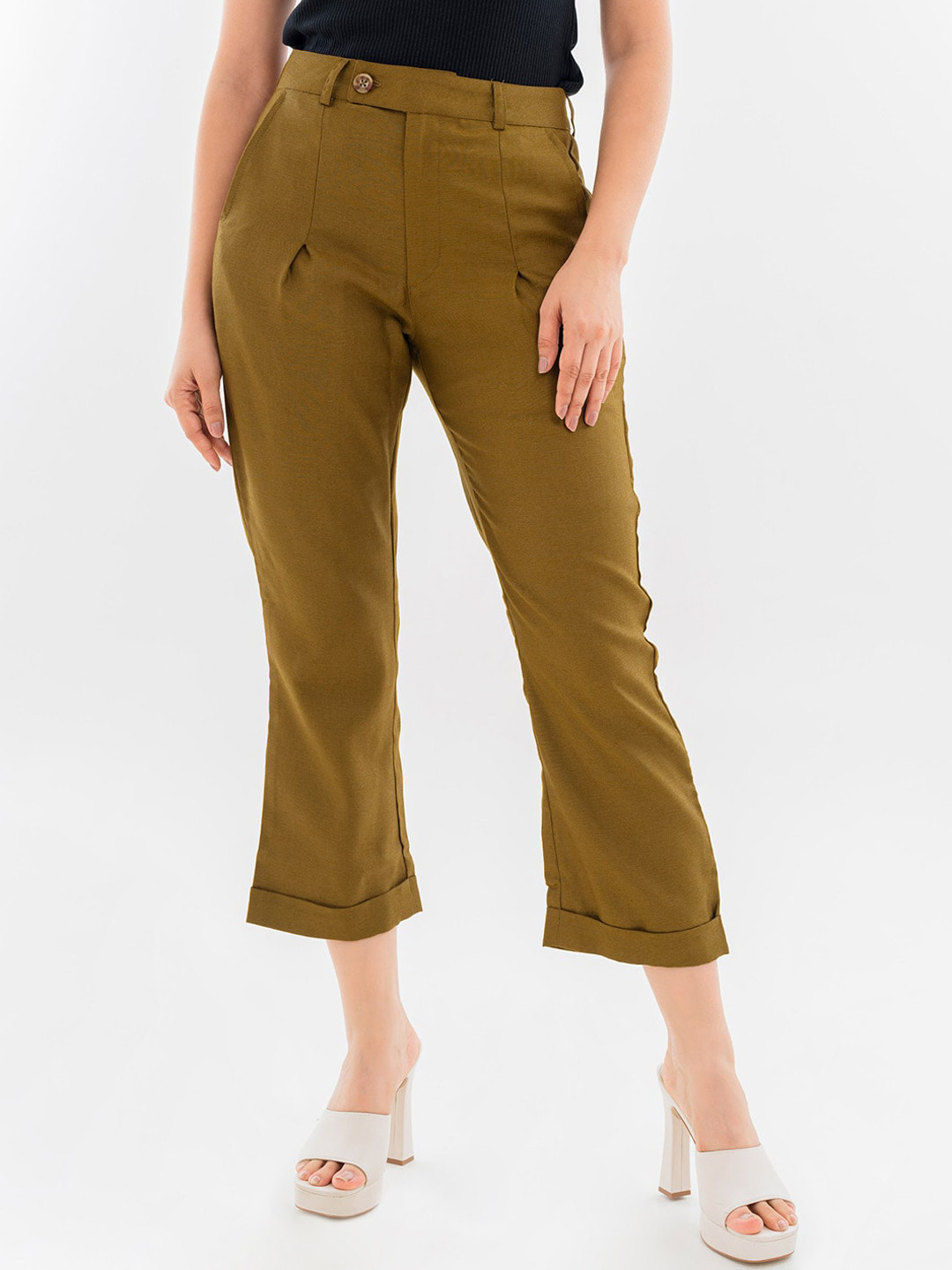 Halff Grey Women Relaxed Straight Leg Mid Rise Cropped Pleated Cigarette Trousers