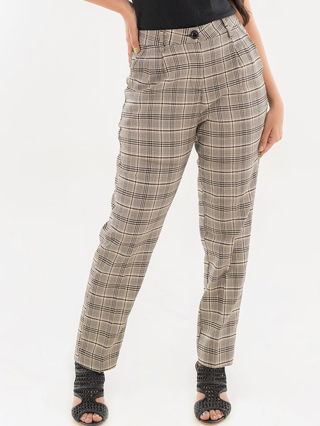 Halff Grey Women Relaxed Straight Leg Checked Pleated Trousers