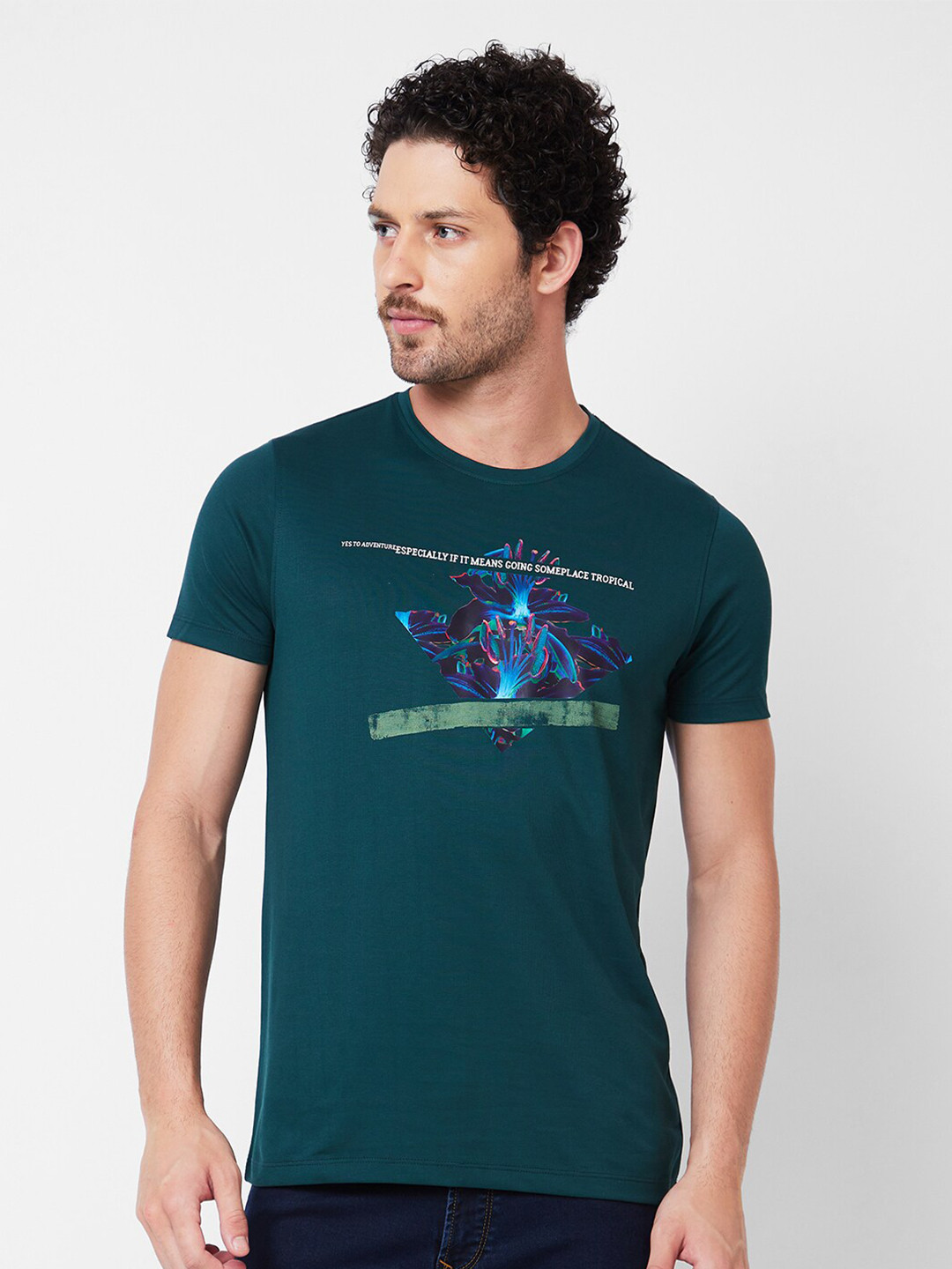 SPYKAR Typography Printed Round Neck Applique Cotton Slim Fit T-shirt