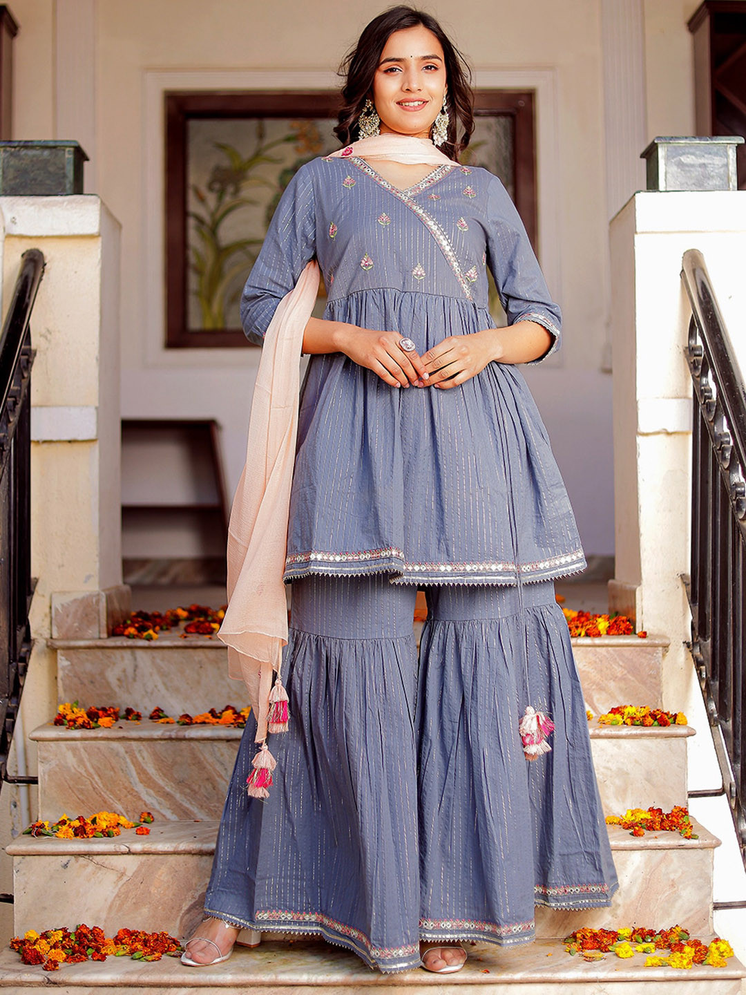 Chandbaali Women Ethnic Motifs Embroidered Pleated Mirror Work Pure Cotton Kurti with Sharara & With Dupatta