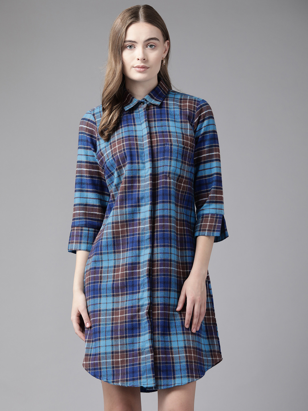 English Navy Checked Cotton Shirt Dress