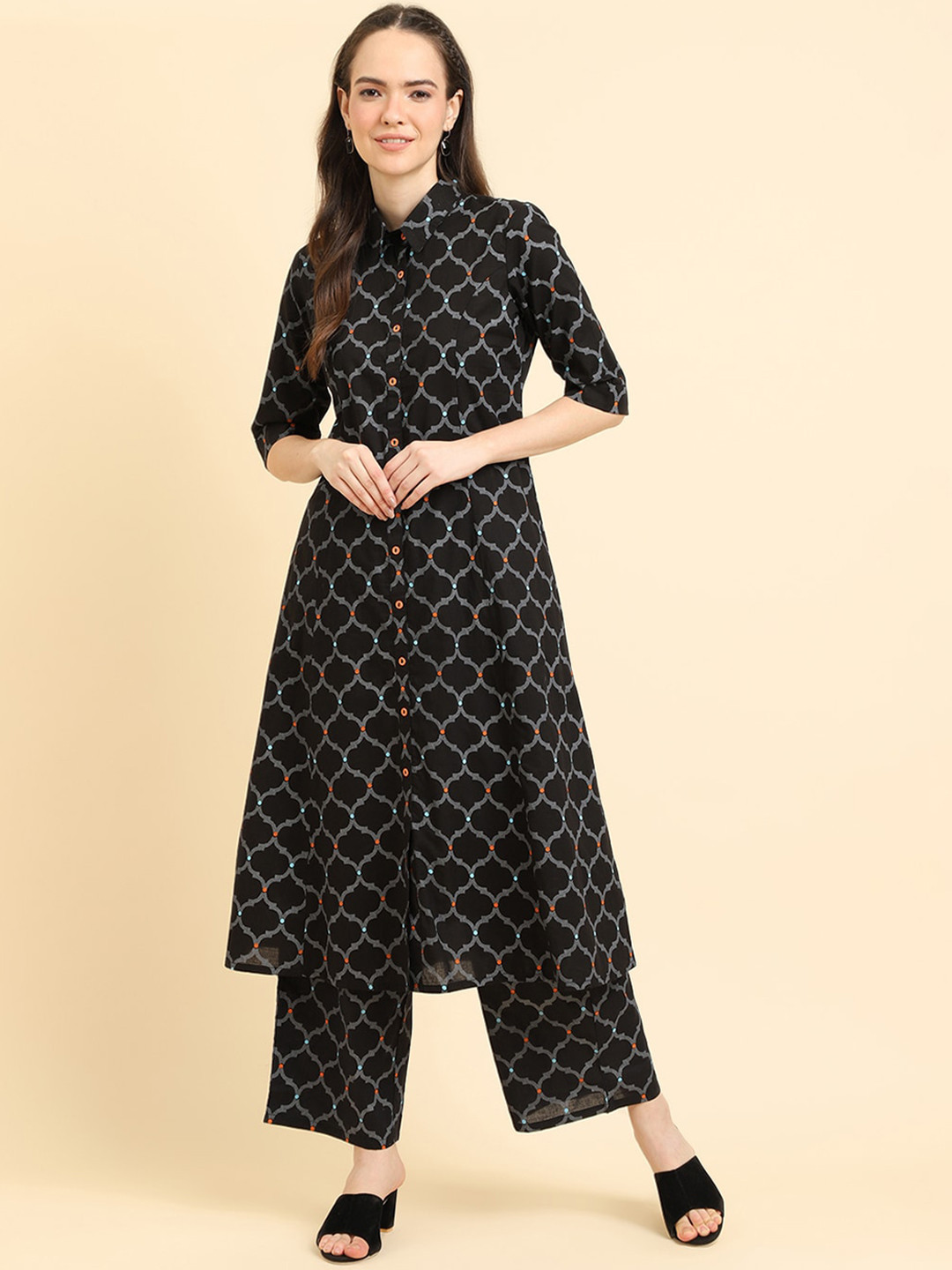 Varanga Black Geometric Printed Shirt Collar Longline Tunic With Trouser