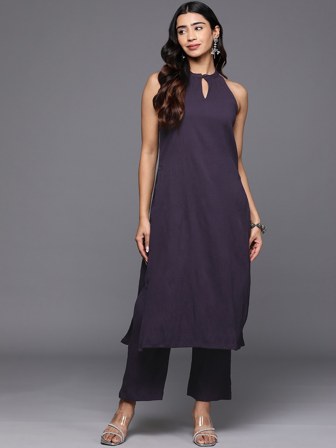Varanga Purple Keyhole Neck Longline Tunic With Trouser