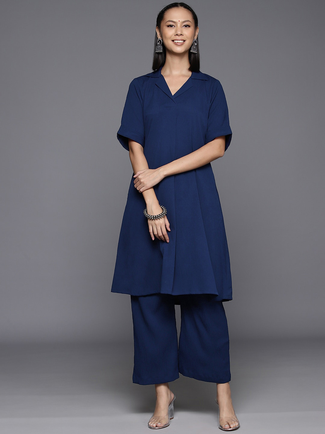 Varanga Navy Blue V-Neck Longline Tunic With Trouser