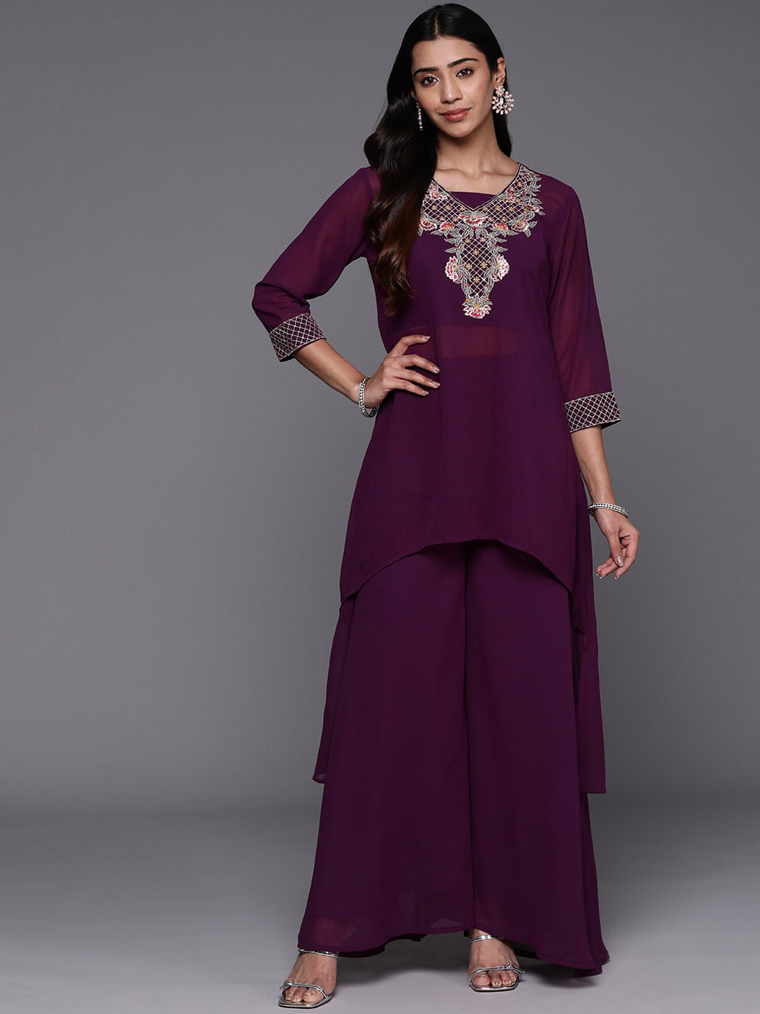 Varanga Purple Embroidered Tunic & Palazzo With Crop Top