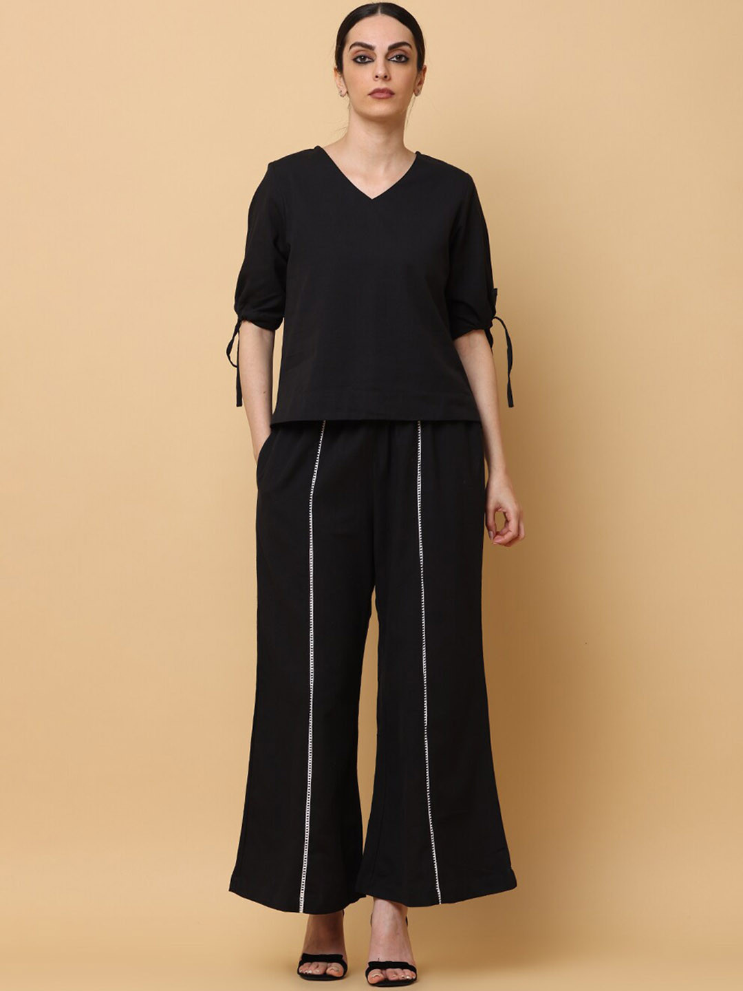 BLACK & BLAH BLAH Relaxed Fit Solid Cotton Linen Monochrome Co-Ord (Set of 2)