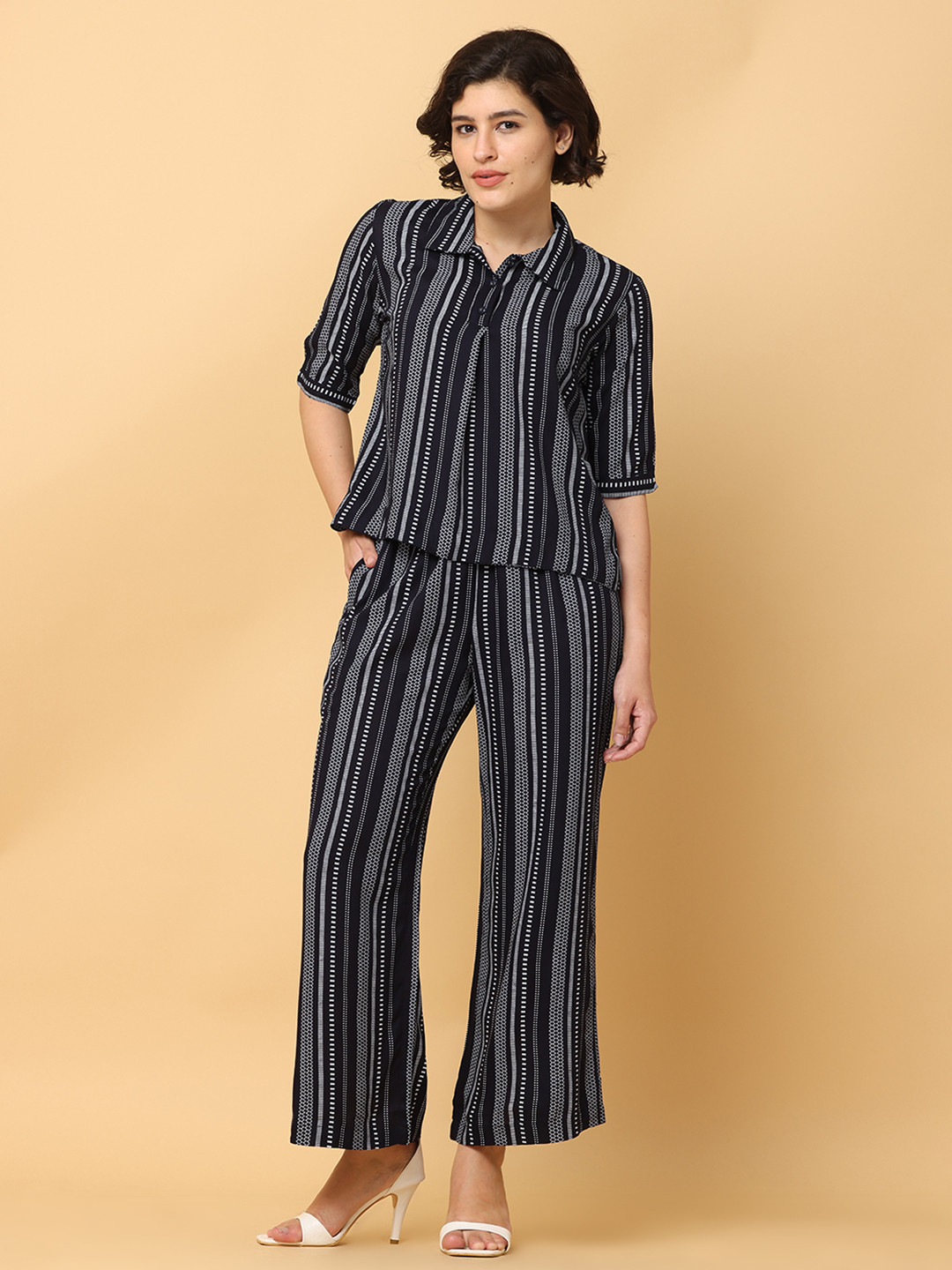 BLACK & BLAH BLAH Relaxed Fit Stripes Printed Liva Monochrome Co-Ord (Set of 2)