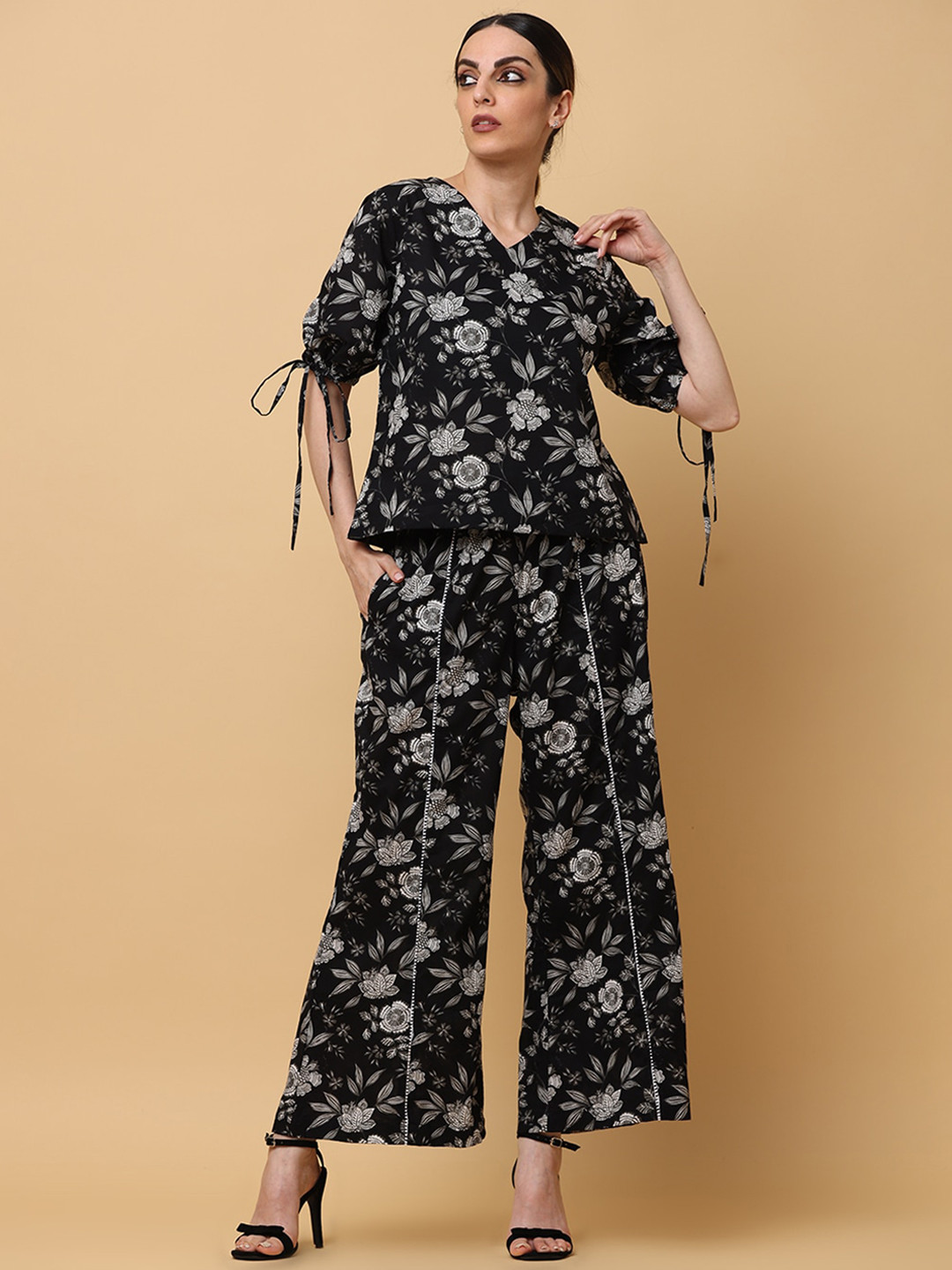 BLACK & BLAH BLAH Relaxed Fit Floral Printed Pure Cotton Monochrome Co-Ord (Set of 2)