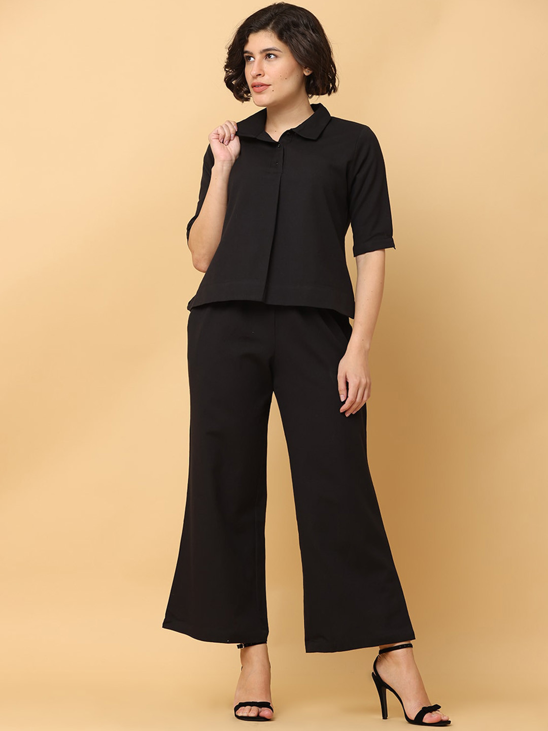 BLACK & BLAH BLAH Relaxed Fit Solid Cotton Linen Co-Ord (Set of 2)