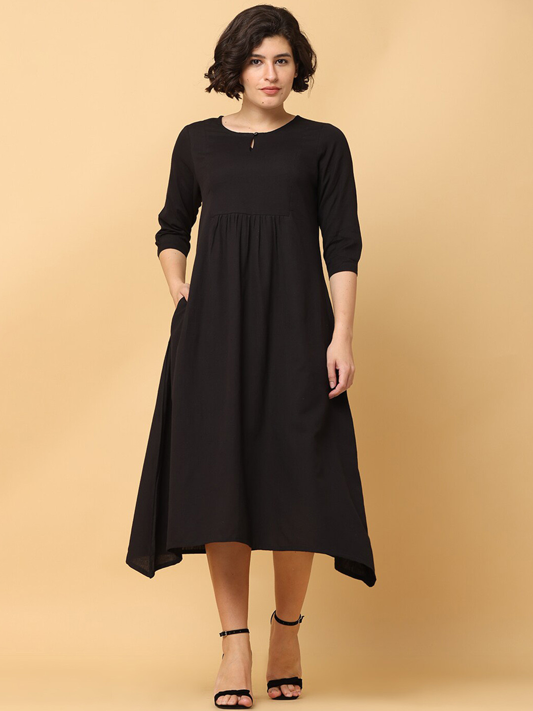 BLACK & BLAH BLAH Relaxed Fit Solid Flared Cotton Linen Monochrome Midi Dress