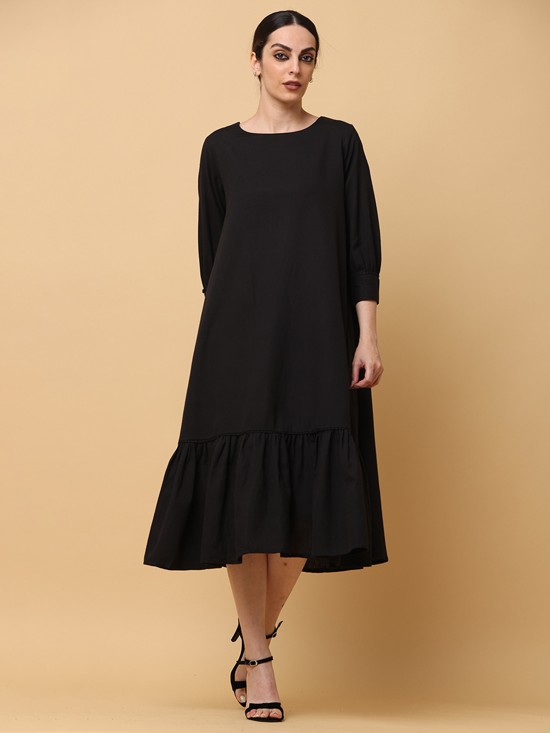 BLACK & BLAH BLAH Relaxed Fit Solid Tiered Cotton Linen Monochrome Midi Dress