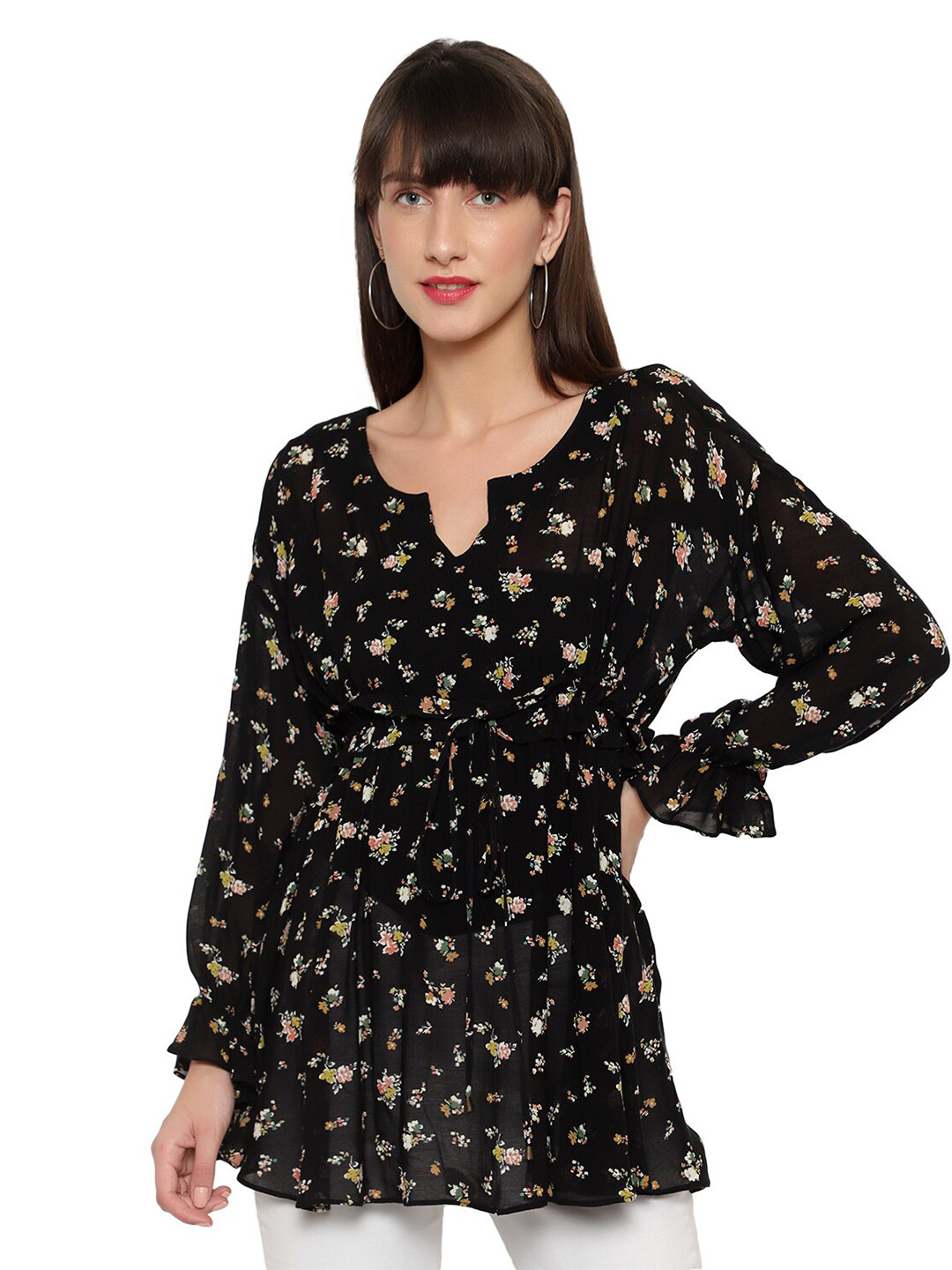 Amagyaa Floral Printed Waist Tie-Up Detail Bell Sleeves Cinched Waist Top