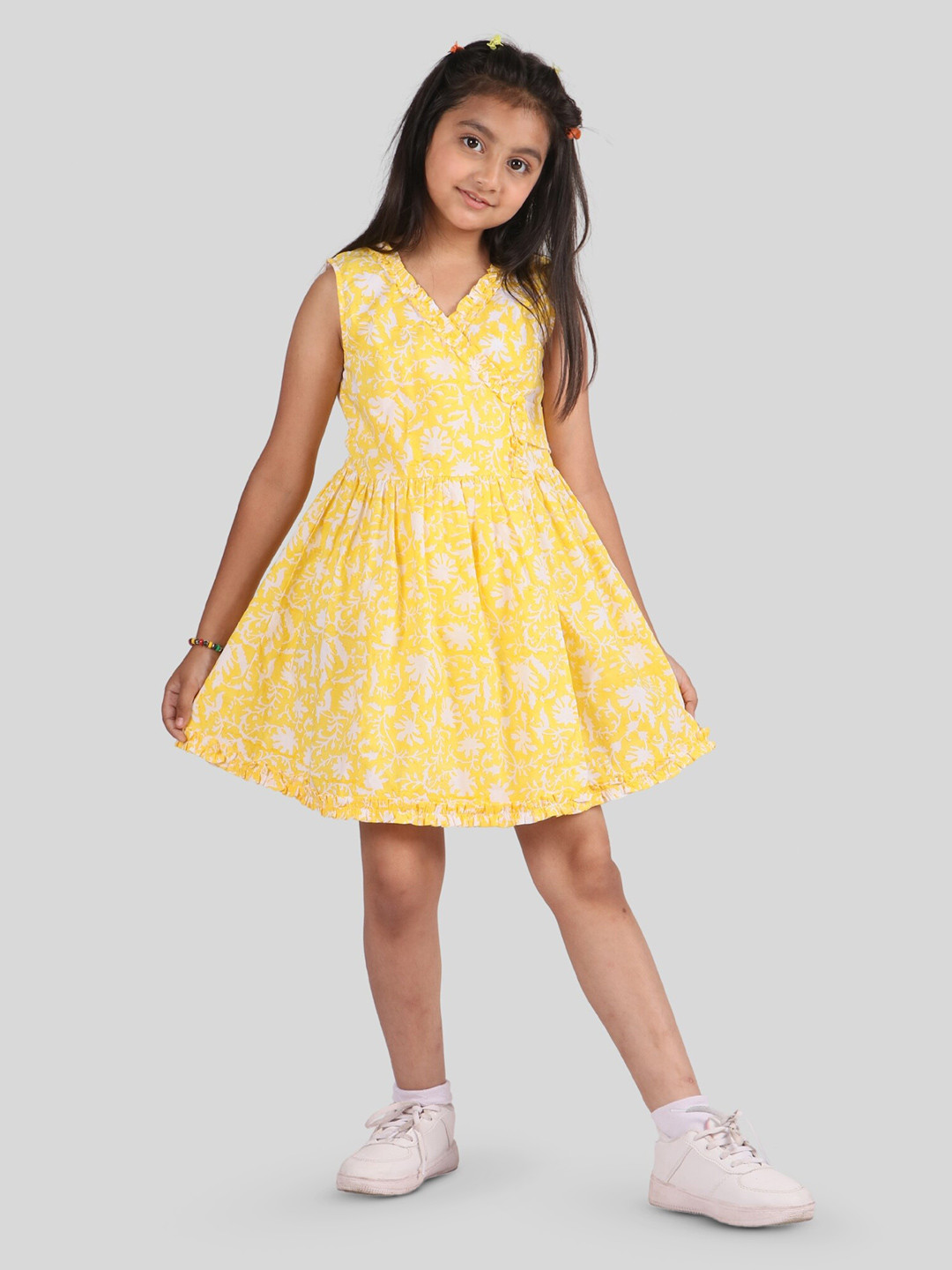 TWEENY MINI Girls Floral Block Printed Ruffles Pure Cotton Fit & Flare Dress