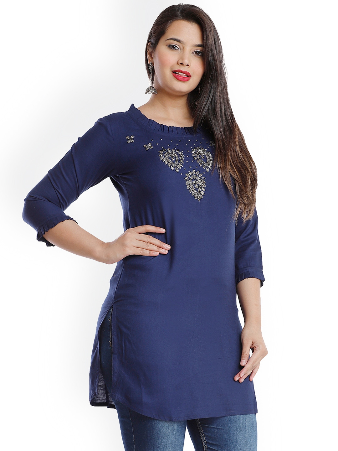 HIGHLIGHT FASHION EXPORT Round Neck Stones & Beads A-Line Kurti