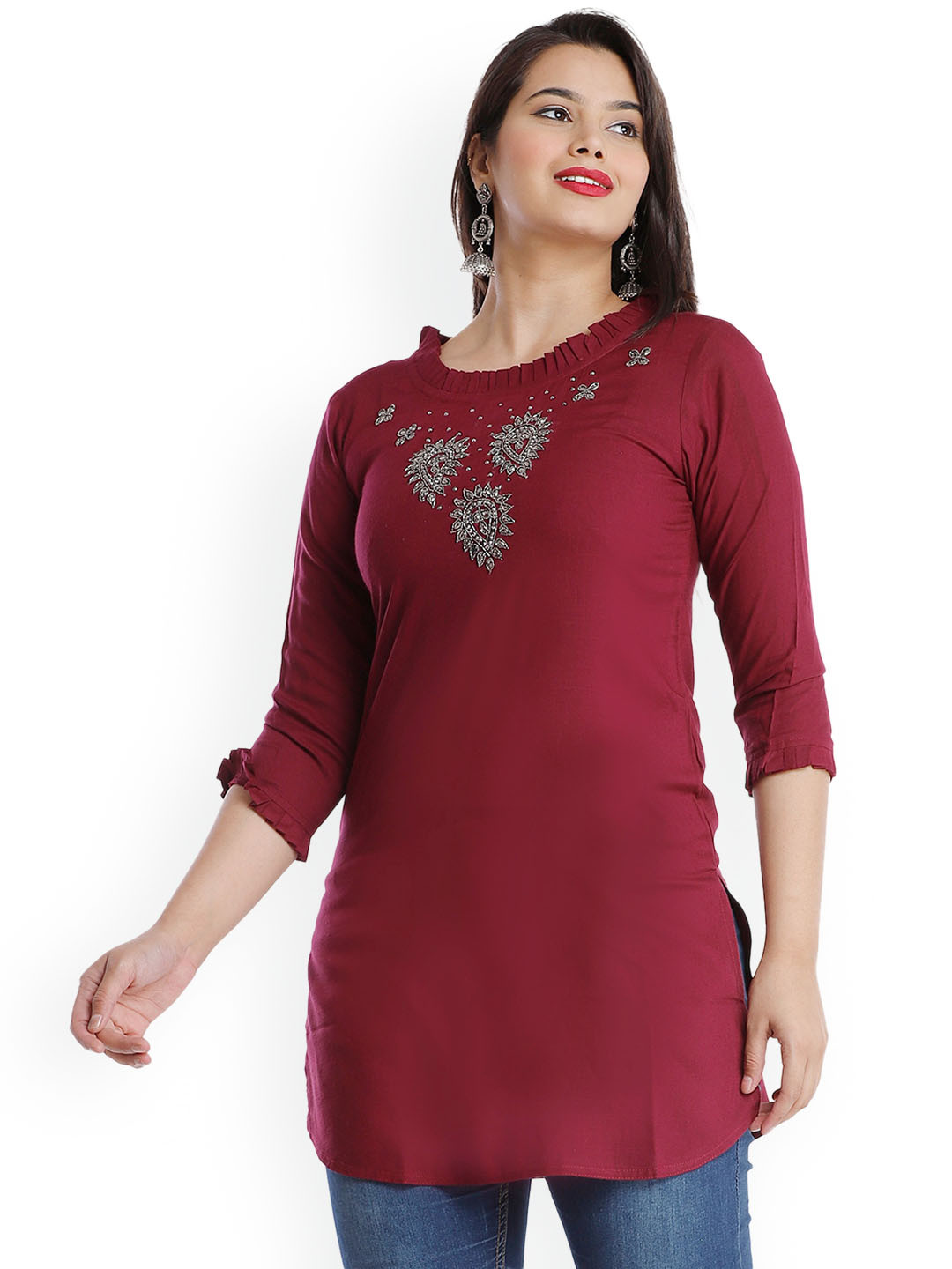 HIGHLIGHT FASHION EXPORT Ethnic Motifs Embroidered Beads & Stones Straight Kurti