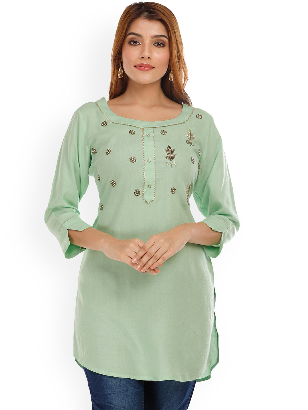 HIGHLIGHT FASHION EXPORT Ethnic Motifs Embroidered Beads & Stones Straight Kurti