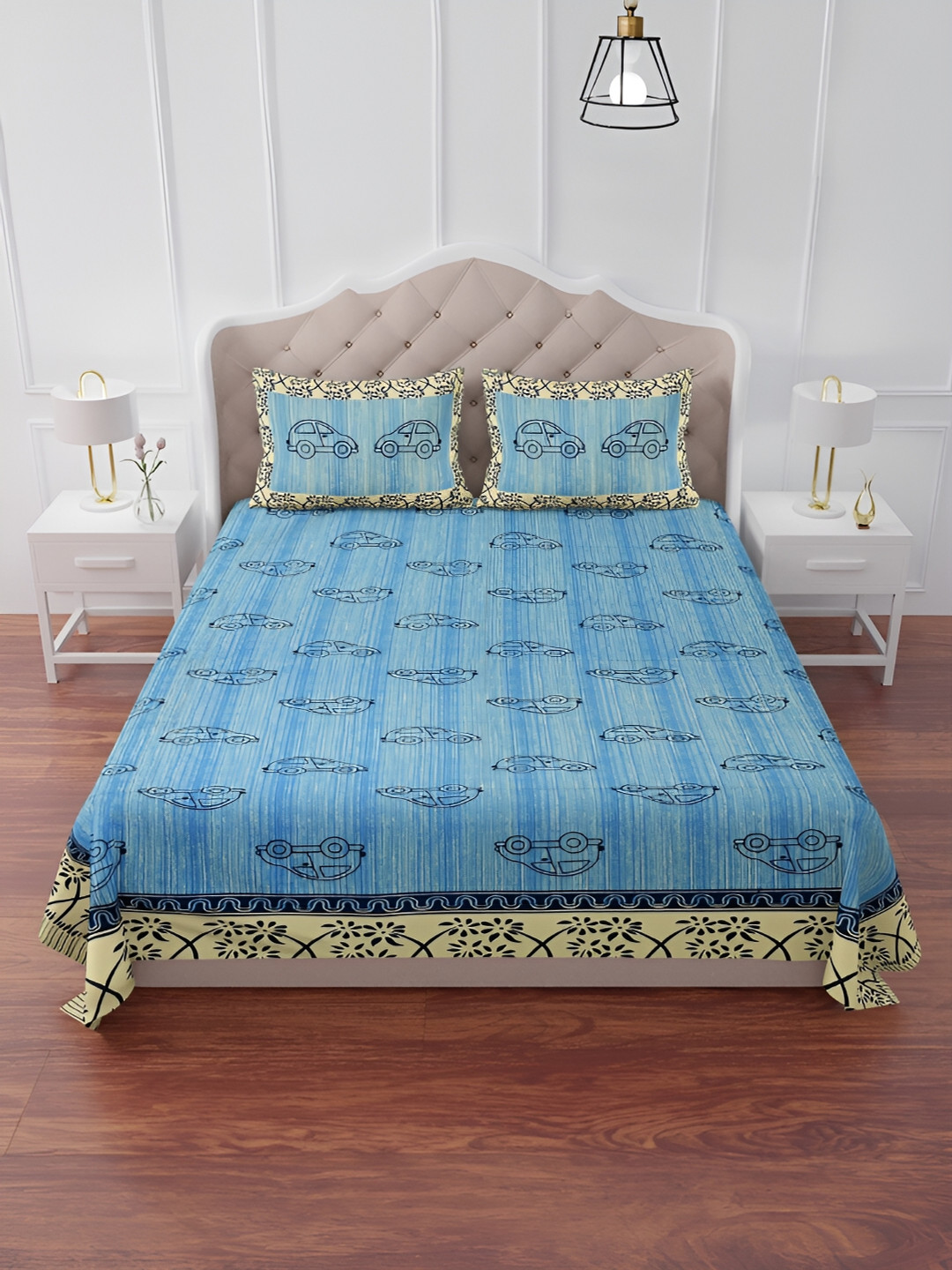The Craft Monk Blue Conversational Cotton 240 TC King Bedsheet with 2 Pillow Covers-108 x 90 inches