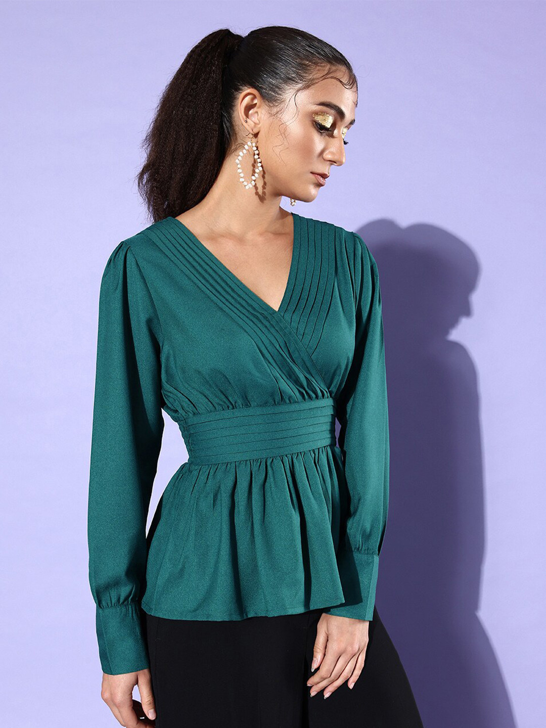 QUIERO Teal Green V Neck Long Sleeves Peplum Top