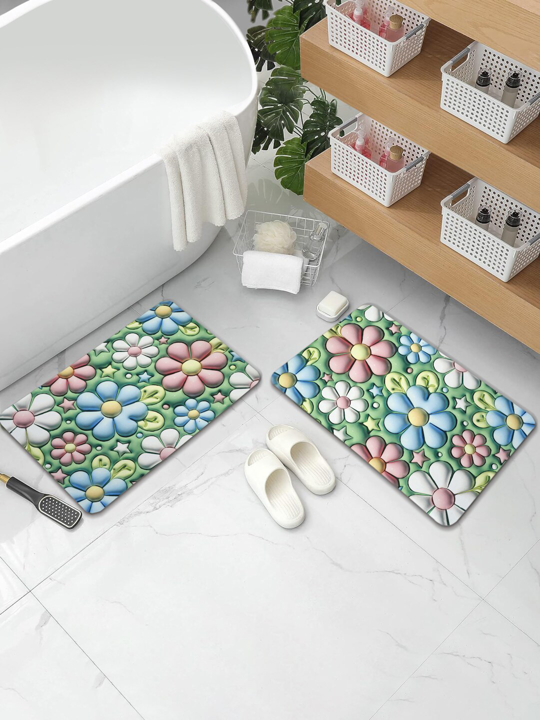 Aura 2-Pcs Green & Blue Abstract Printed Water Absorbent Bath Rugs