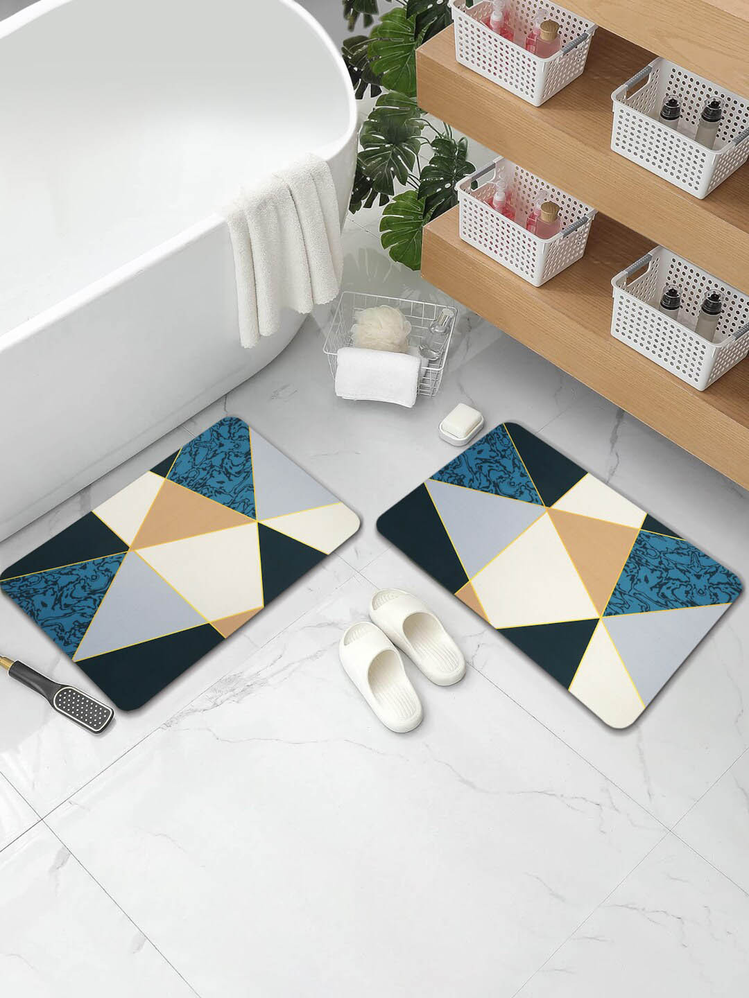 Aura 2-Pcs Blue & Beige  Abstract Printed Water Absorbent Bath Rugs